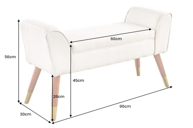 Banquette rétro SCARLETT – 90 cm – Tissu bouclé anthracite avec accoudoirs | Pieds bois & métal doré