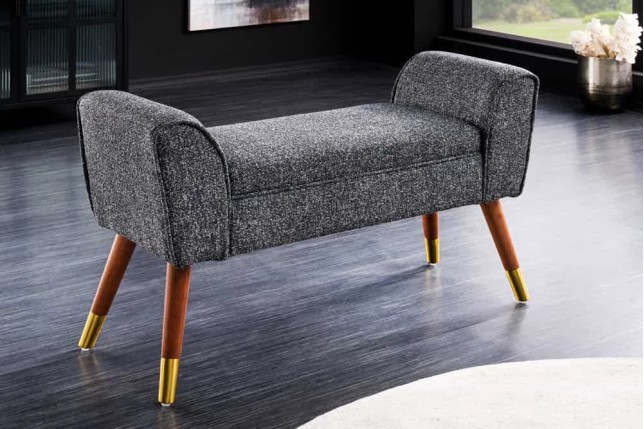 Banquette rétro SCARLETT – 90 cm – Tissu bouclé anthracite avec accoudoirs | Pieds bois & métal doré