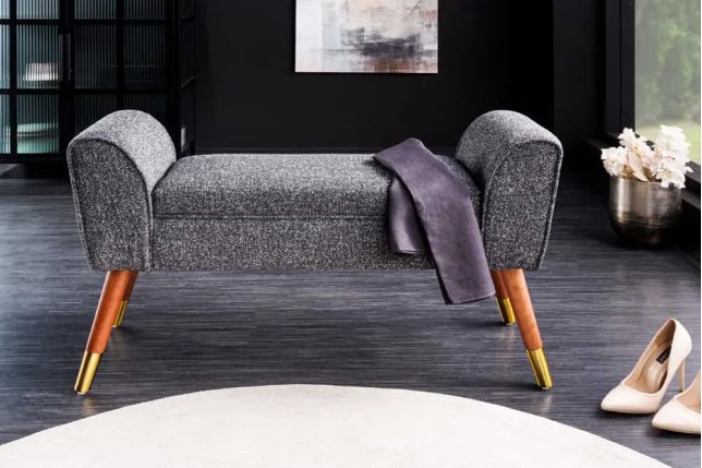 Banquette rétro SCARLETT – 90 cm – Tissu bouclé anthracite avec accoudoirs | Pieds bois & métal doré