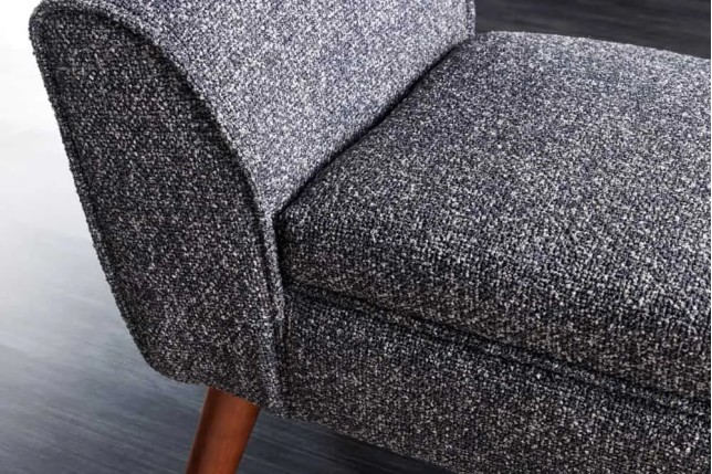 Banquette rétro SCARLETT – 90 cm – Tissu bouclé anthracite avec accoudoirs | Pieds bois & métal doré