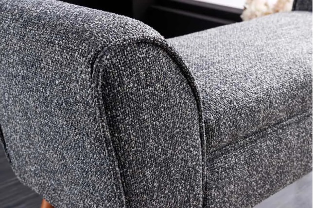 Banquette rétro SCARLETT – 90 cm – Tissu bouclé anthracite avec accoudoirs | Pieds bois & métal doré