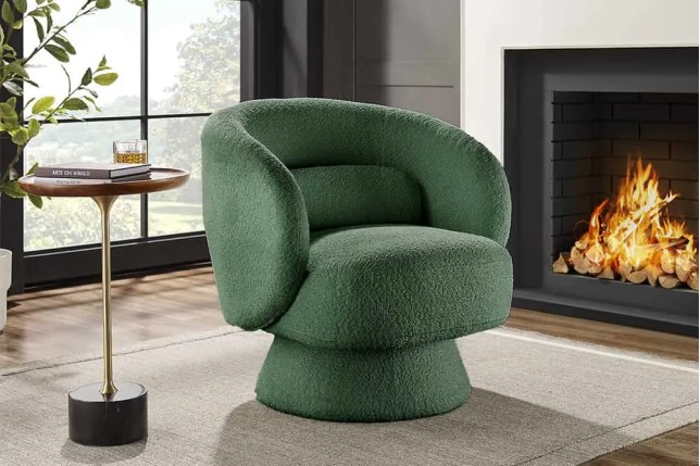Fauteuil pivotant BOSSA NOVA – 80 cm – Tissu bouclé vert mousse | Confort moelleux & design tendance