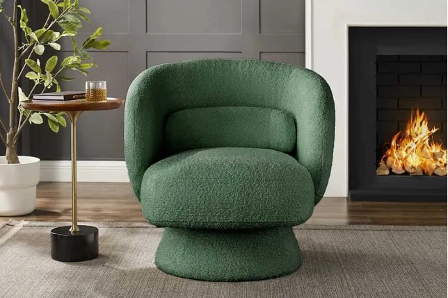 Fauteuil pivotant BOSSA NOVA – 80 cm – Tissu bouclé vert mousse | Confort moelleux & design tendance