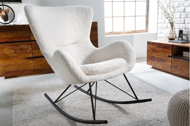 Fauteuil à bascule SCANDINAVIA – Bouclé blanc & métal noir – Design scandinave et confort moderne