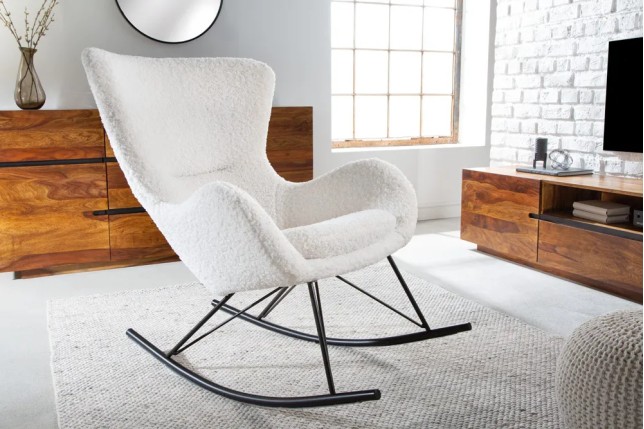 Fauteuil à bascule SCANDINAVIA – Bouclé blanc & métal noir – Design scandinave et confort moderne