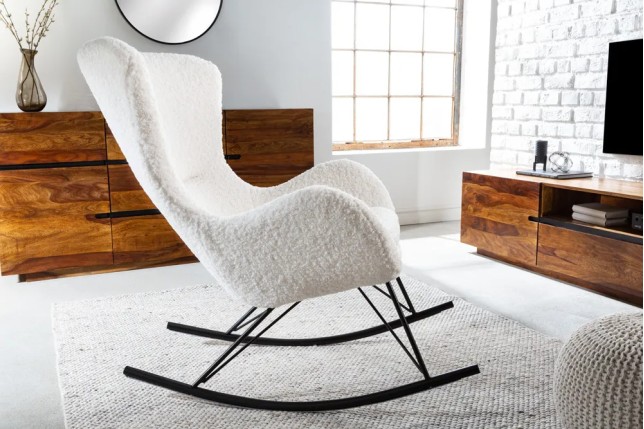 Fauteuil à bascule SCANDINAVIA – Bouclé blanc & métal noir – Design scandinave et confort moderne