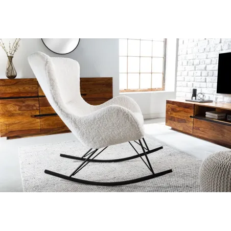 Fauteuil à bascule SCANDINAVIA – Bouclé blanc & métal noir – Design scandinave et confort moderne