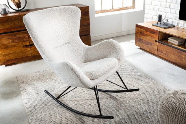 Fauteuil à bascule SCANDINAVIA – Bouclé blanc & métal noir – Design scandinave et confort moderne