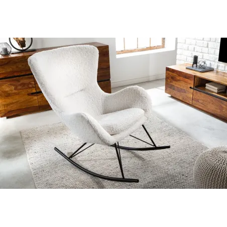 Fauteuil à bascule SCANDINAVIA – Bouclé blanc & métal noir – Design scandinave et confort moderne