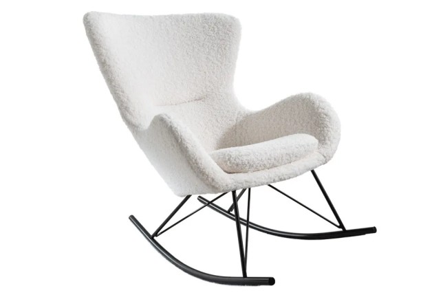 Fauteuil à bascule SCANDINAVIA – Bouclé blanc & métal noir – Design scandinave et confort moderne
