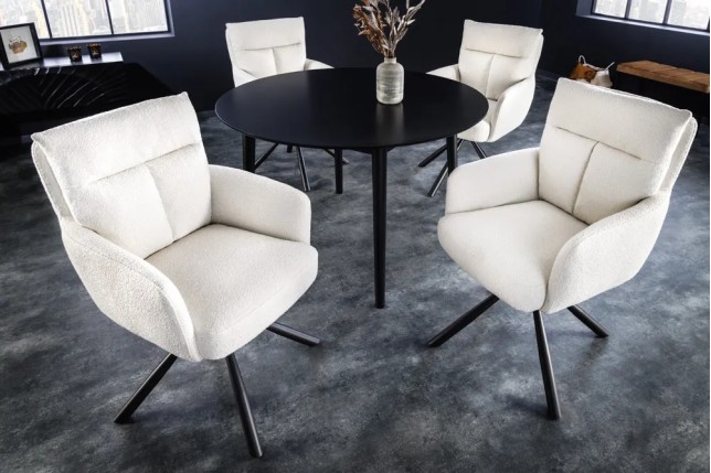 Fauteuil pivotant BIG GEORGE – Style rétro en bouclé blanc avec assise à ressorts Bonell et pieds métal noir