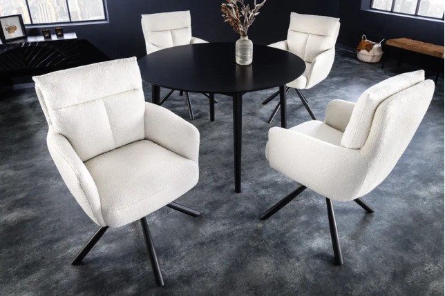 Fauteuil pivotant BIG GEORGE – Style rétro en bouclé blanc avec assise à ressorts Bonell et pieds métal noir