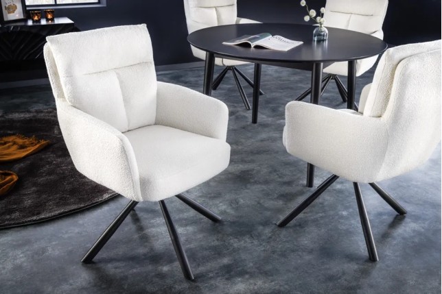 Fauteuil pivotant BIG GEORGE – Style rétro en bouclé blanc avec assise à ressorts Bonell et pieds métal noir