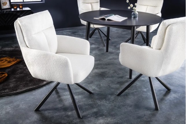 Fauteuil pivotant BIG GEORGE – Style rétro en bouclé blanc avec assise à ressorts Bonell et pieds métal noir