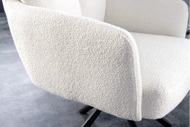 Fauteuil pivotant BIG GEORGE – Style rétro en bouclé blanc avec assise à ressorts Bonell et pieds métal noir