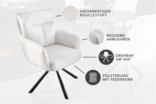 Fauteuil pivotant BIG GEORGE – Style rétro en bouclé blanc avec assise à ressorts Bonell et pieds métal noir
