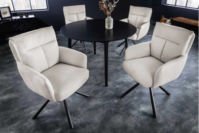 Fauteuil pivotant rétro BIG GEORGE – Bouclé greige, assise à ressorts Bonell & pieds métal noir