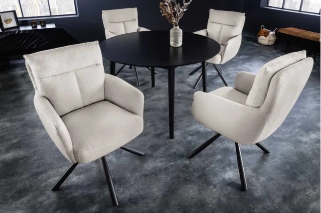 Fauteuil pivotant rétro BIG GEORGE – Bouclé greige, assise à ressorts Bonell & pieds métal noir