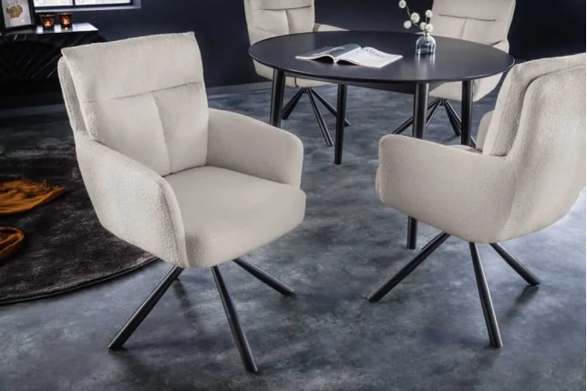 Fauteuil pivotant rétro BIG GEORGE – Bouclé greige, assise à ressorts Bonell & pieds métal noir