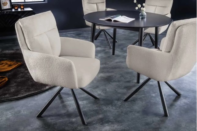 Fauteuil pivotant rétro BIG GEORGE – Bouclé greige, assise à ressorts Bonell & pieds métal noir