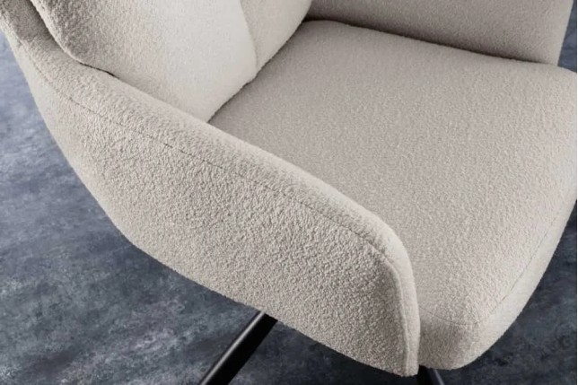 Fauteuil pivotant rétro BIG GEORGE – Bouclé greige, assise à ressorts Bonell & pieds métal noir