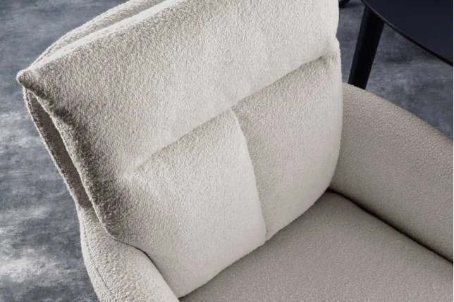 Fauteuil pivotant rétro BIG GEORGE – Bouclé greige, assise à ressorts Bonell & pieds métal noir