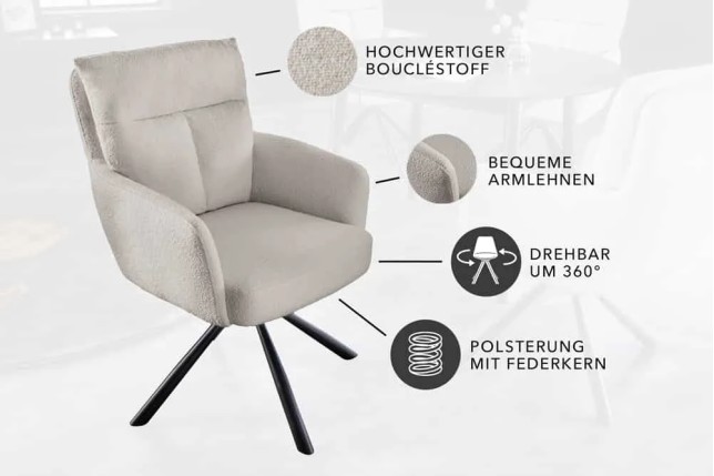 Fauteuil pivotant rétro BIG GEORGE – Bouclé greige, assise à ressorts Bonell & pieds métal noir
