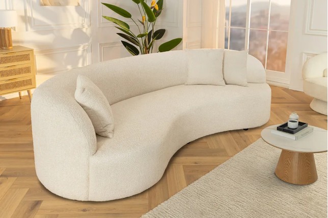 Canapé 3 places ATELIER – 230 cm – Tissu bouclé beige, coussins inclus, design moderne