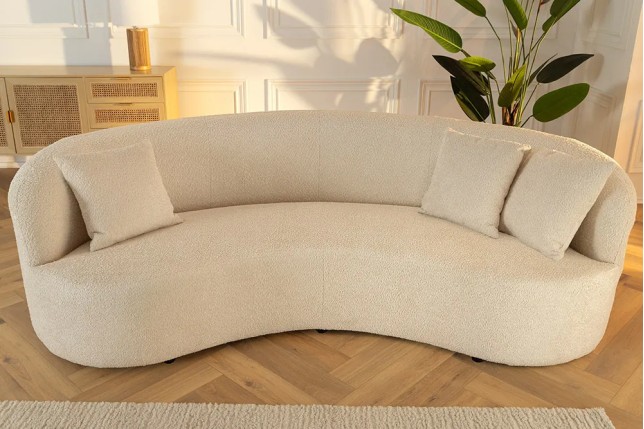Canapé 3 places ATELIER – 230 cm – Tissu bouclé beige, coussins inclus, design moderne