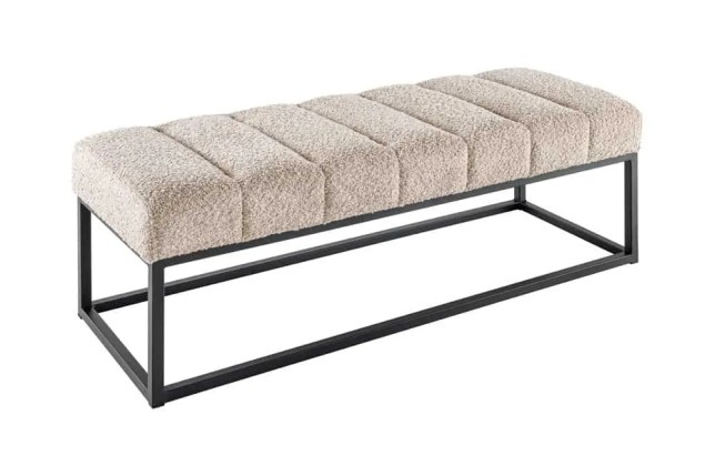 Banc design PETIT BEAUTÉ – 110 cm – Tissu bouclé champagner greige & pieds métal noir