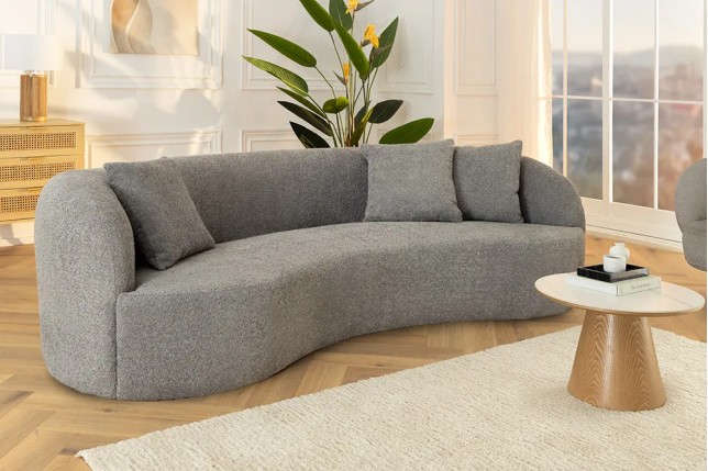 Canapé 3 places ATELIER – 230 cm – Tissu bouclé gris avec coussins inclus, design contemporain