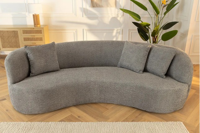 Canapé 3 places ATELIER – 230 cm – Tissu bouclé gris avec coussins inclus, design contemporain