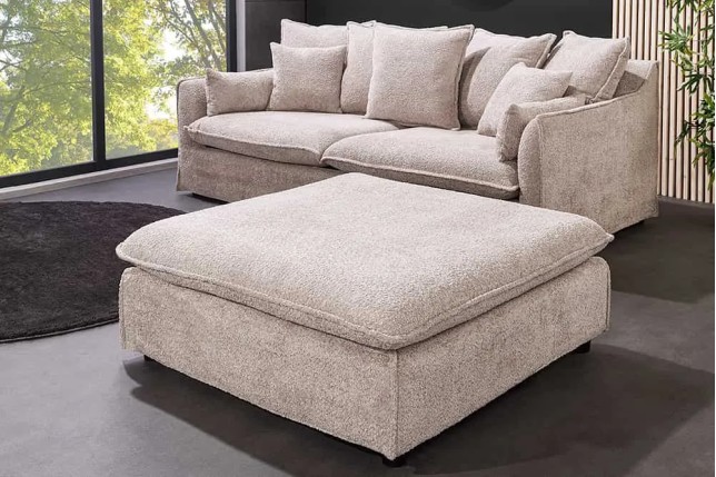 Pouf HEAVEN 100 cm – Tissu bouclé champagner beige, rembourrage à ressorts Nosag, structure en bois massif