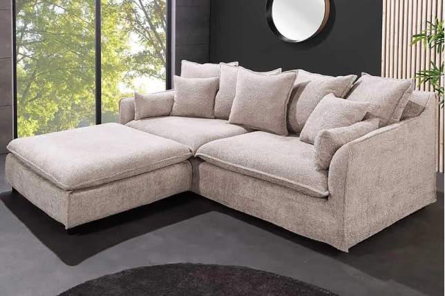 Pouf HEAVEN 100 cm – Tissu bouclé champagner beige, rembourrage à ressorts Nosag, structure en bois massif