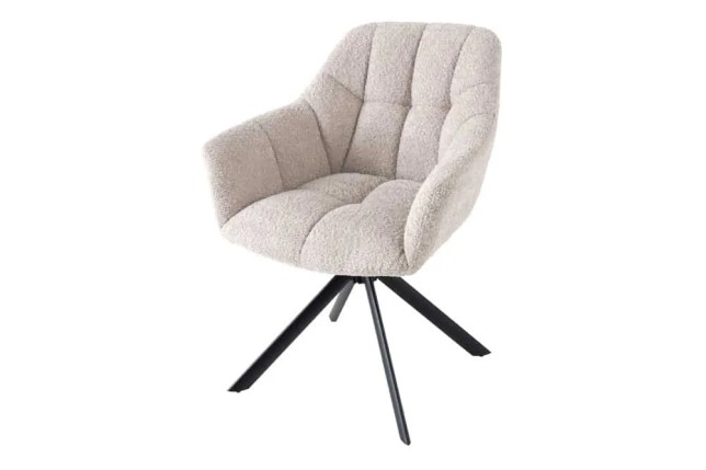 Fauteuil pivotant PAPILLON en tissu bouclé greige – Siège design avec accoudoirs, rotation 180° et piétement métal noir