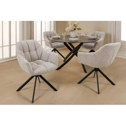 Fauteuil pivotant PAPILLON en tissu bouclé greige – Siège design avec accoudoirs, rotation 180° et piétement métal noir