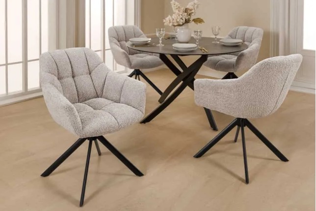 Fauteuil pivotant PAPILLON en tissu bouclé greige – Siège design avec accoudoirs, rotation 180° et piétement métal noir