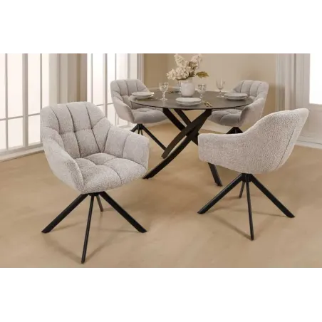 Fauteuil pivotant PAPILLON en tissu bouclé greige – Siège design avec accoudoirs, rotation 180° et piétement métal noir