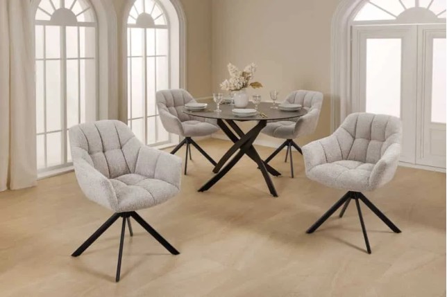 Fauteuil pivotant PAPILLON en tissu bouclé greige – Siège design avec accoudoirs, rotation 180° et piétement métal noir