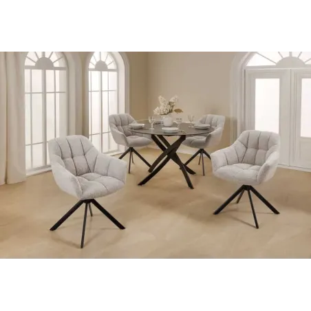 Fauteuil pivotant PAPILLON en tissu bouclé greige – Siège design avec accoudoirs, rotation 180° et piétement métal noir