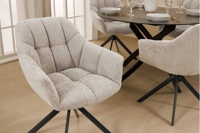 Fauteuil pivotant PAPILLON en tissu bouclé greige – Siège design avec accoudoirs, rotation 180° et piétement métal noir