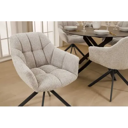 Fauteuil pivotant PAPILLON en tissu bouclé greige – Siège design avec accoudoirs, rotation 180° et piétement métal noir