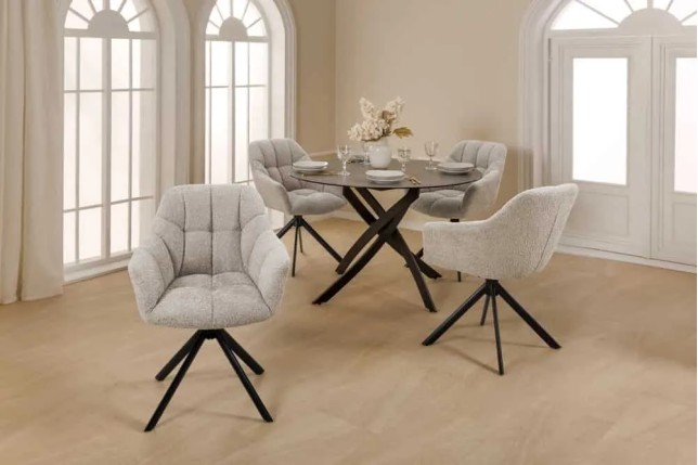 Fauteuil pivotant PAPILLON en tissu bouclé greige – Siège design avec accoudoirs, rotation 180° et piétement métal noir