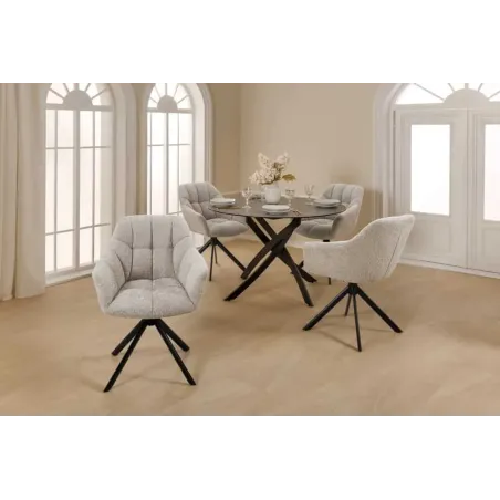 Fauteuil pivotant PAPILLON en tissu bouclé greige – Siège design avec accoudoirs, rotation 180° et piétement métal noir