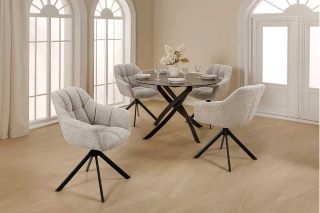 Fauteuil pivotant PAPILLON en tissu bouclé greige – Siège design avec accoudoirs, rotation 180° et piétement métal noir