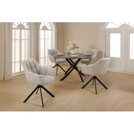 Fauteuil pivotant PAPILLON en tissu bouclé greige – Siège design avec accoudoirs, rotation 180° et piétement métal noir