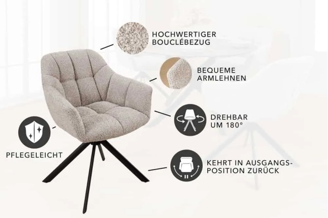 Fauteuil pivotant PAPILLON en tissu bouclé greige – Siège design avec accoudoirs, rotation 180° et piétement métal noir