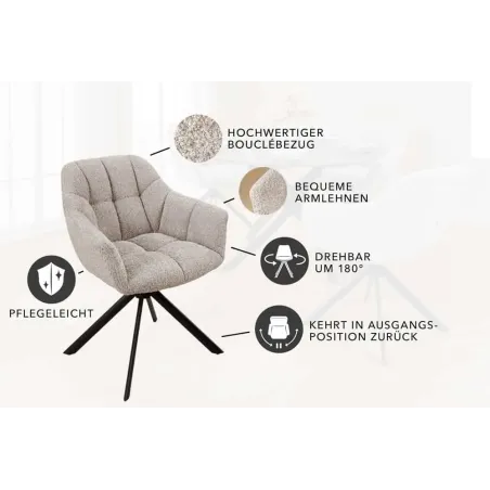 Fauteuil pivotant PAPILLON en tissu bouclé greige – Siège design avec accoudoirs, rotation 180° et piétement métal noir