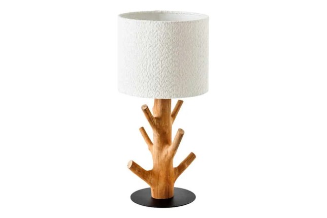Lampe de table JEWELRY 60 cm en bois massif naturel – Abat-jour blanc & pied en métal noir