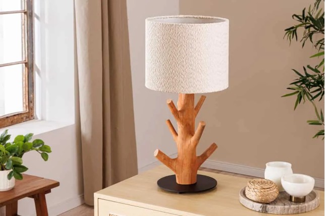 Lampe de table JEWELRY 60 cm en bois massif naturel – Abat-jour blanc & pied en métal noir
